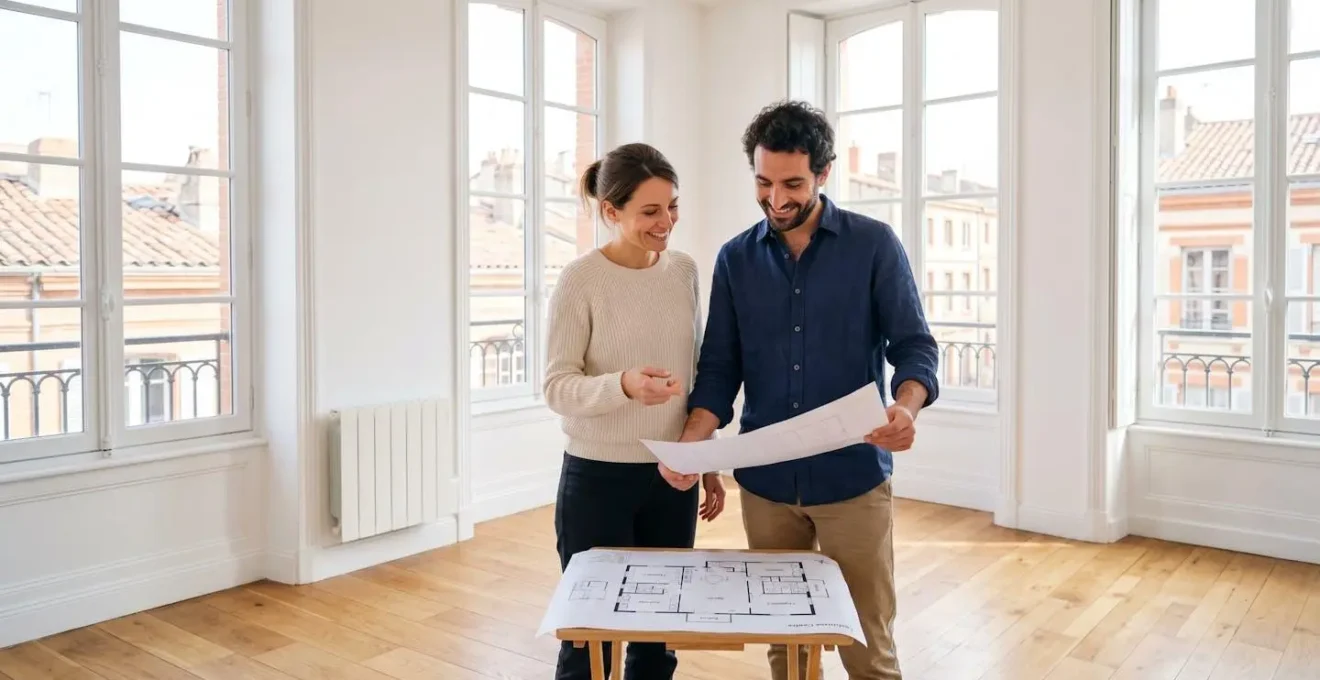 Couple de la trentaine visitant un appartement lumineux à Toulouse, observant le plan avec attention