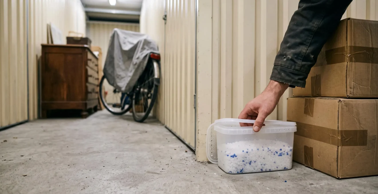 Une main dépose un absorbeur d'humidité en bac plastique dans le coin d'un box de stockage, près de cartons empilés.