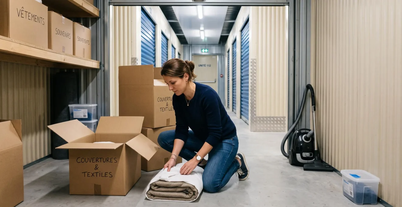 Une femme emballe une couverture sèche dans un tissu respirant avant de la ranger dans un carton au fond d'un box de stockage.
