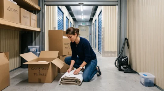 Une femme emballe une couverture sèche dans un tissu respirant avant de la ranger dans un carton au fond d'un box de stockage.