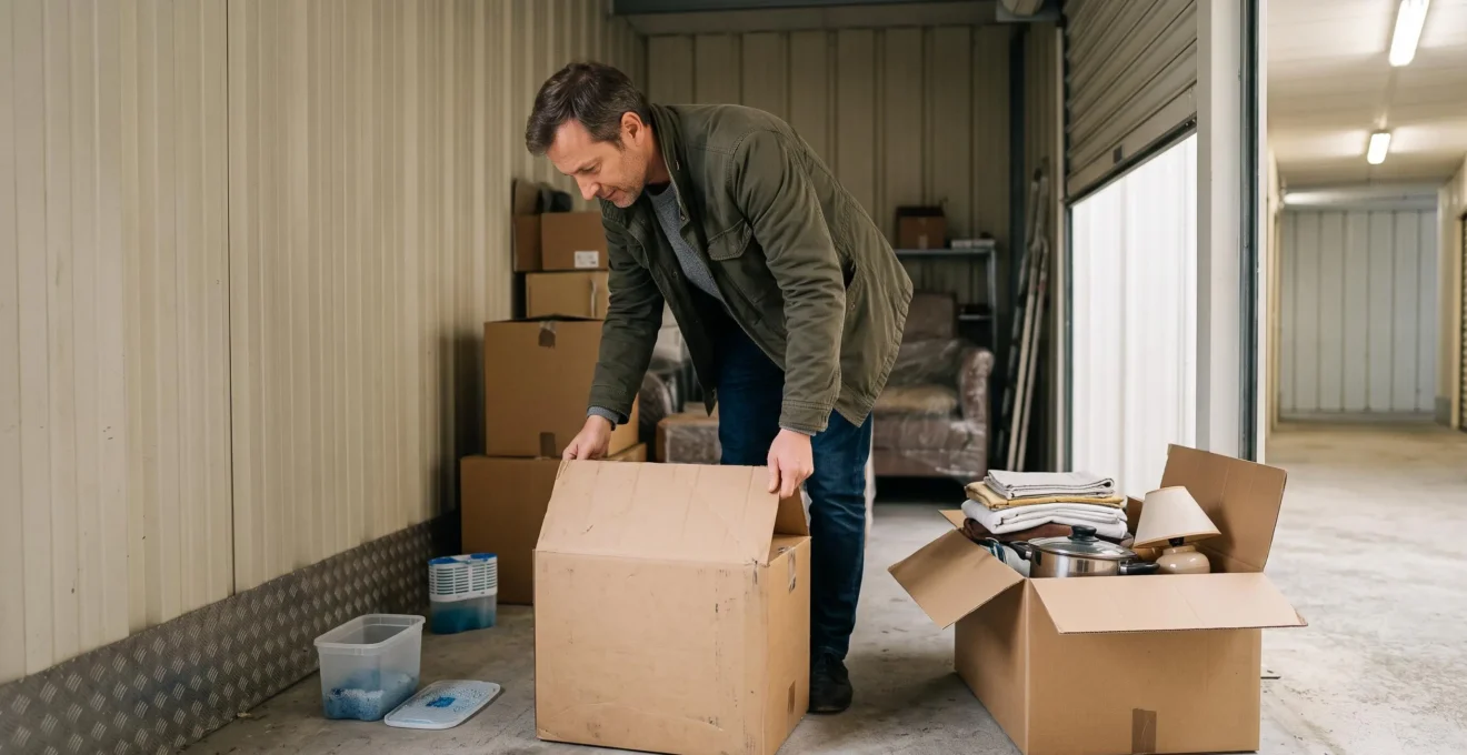Un homme soulève le rabat d'un carton pour vérifier son contenu dans un box de stockage à la porte entrouverte.